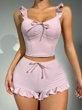SHEIN طقم بيجامة مجعد الحافة مع عقدة أمامية ومنتفخ الصدر / طقم بيجامة مجموعة الراحة لموسم العطلات