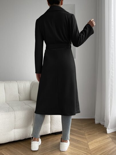 EZwear معطف أسود عادي بياقة ذات جيب مزدوج وأمام مفتوح وحزام