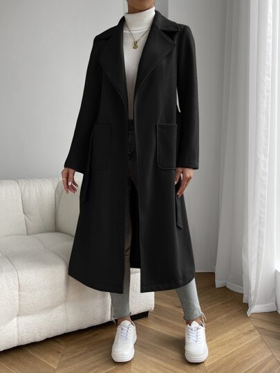 EZwear معطف أسود عادي بياقة ذات جيب مزدوج وأمام مفتوح وحزام