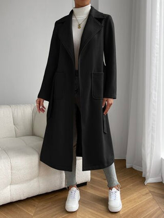 EZwear معطف أسود عادي بياقة ذات جيب مزدوج وأمام مفتوح وحزام