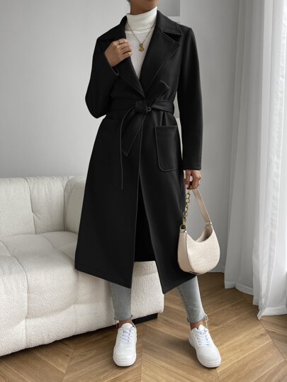 EZwear معطف أسود عادي بياقة ذات جيب مزدوج وأمام مفتوح وحزام