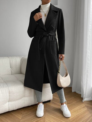 EZwear معطف أسود عادي بياقة ذات جيب مزدوج وأمام مفتوح وحزام