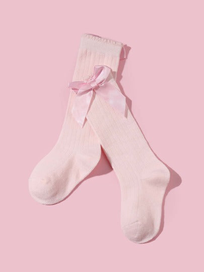 جوارب عقدة الفراشة للفتيات بطول الركبة من لون واحد، مع ربطات، مناسبة لأسلوب المدرسة