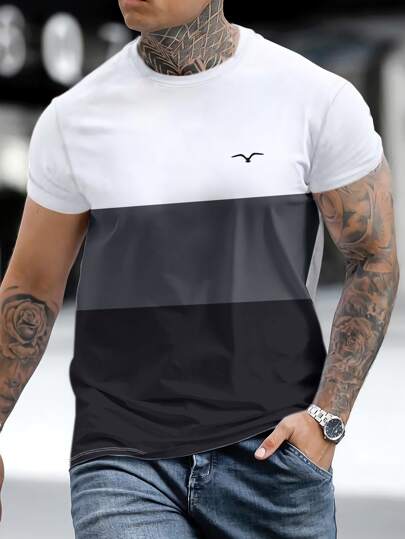 Manfinity Homme تي شيرت طباعة الطيور ألوان متباينة للرجال