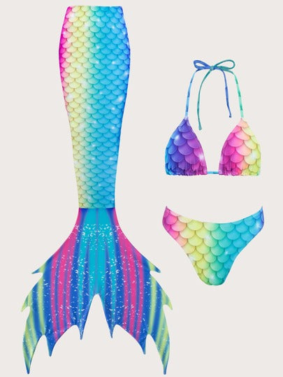 Swim Vcay طقم بكيني بنقشة حرشفية السمك للصيف، نقشة مُثلثات ولب البكيني و تنورة لتغطية ذيل الحورية، ب-3 قطع من ملابس السباحة