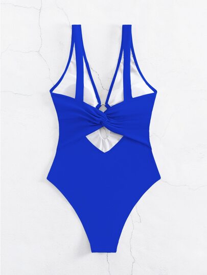 مايوه حريمي قطعة واحدة Swim Basics ملابس سباحة قطعة واحدة الحلقة مرتبطة قص مجوف ياقة مغرق