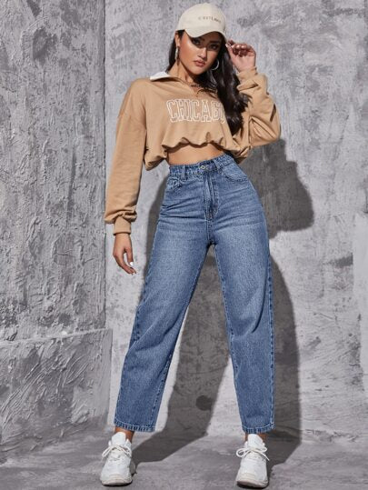 SHEIN EZwear بنطلون جينز ام خصر عالي