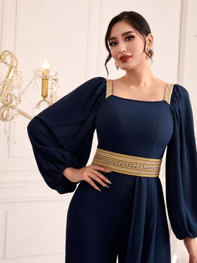 Modelyn جمبسوت ياقة مربع أكمام فانوس شريط خصر