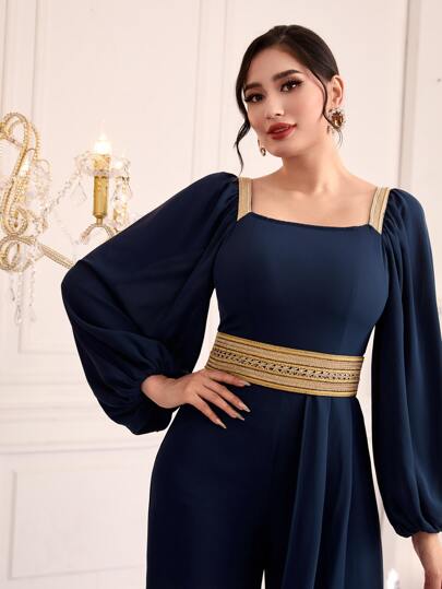 Modelyn جمبسوت ياقة مربع أكمام فانوس شريط خصر