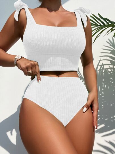 طقم تانكيني حريمي Swim مجموعة بكيني ذات الخصر العالي والربطة على الكتف للشاطئ الصيفي