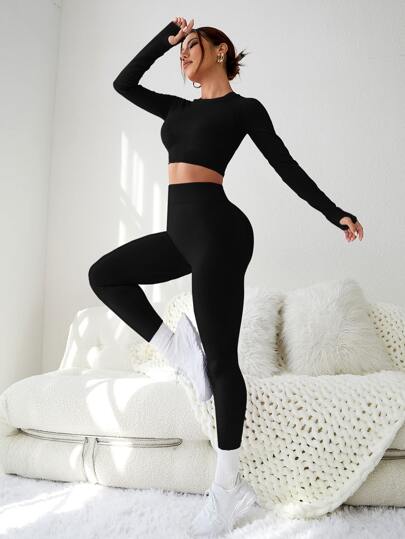 Seamluxe SHEIN Sport طقم رياضي للنساء به فتحات للإبهام، مكون من قطع متقطعة