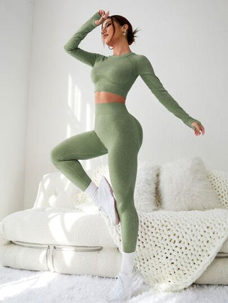 Seamluxe SHEIN Sport 2 قطعة بذلة لياقة بدون غرز قطعتين بدلة رياضية ومجموعة جيم مفرغة الظهر بثقوب الإبهام وتي شيرت مقصور وسروال ضاغط للخصر لتمارين اللياقة بيئة للنساء