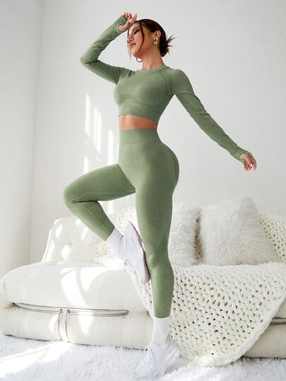 Seamluxe SHEIN Sport 2 قطعة بذلة لياقة بدون غرز قطعتين بدلة رياضية ومجموعة جيم مفرغة الظهر بثقوب الإبهام وتي شيرت مقصور وسروال ضاغط للخصر لتمارين اللياقة بيئة للنساء