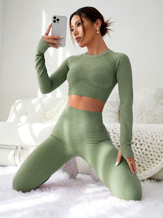 Seamluxe SHEIN Sport 2 قطعة بذلة لياقة بدون غرز قطعتين بدلة رياضية ومجموعة جيم مفرغة الظهر بثقوب الإبهام وتي شيرت مقصور وسروال ضاغط للخصر لتمارين اللياقة بيئة للنساء