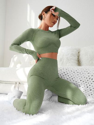 Seamluxe SHEIN Sport 2 قطعة بذلة لياقة بدون غرز قطعتين بدلة رياضية ومجموعة جيم مفرغة الظهر بثقوب الإبهام وتي شيرت مقصور وسروال ضاغط للخصر لتمارين اللياقة بيئة للنساء