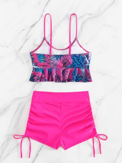 طقم تانكيني حريمي Swim Lushoire ملابس السباحة تصميم حريري مطبوع بألوان صيفية استوائية مع فيزون شفاف وخصر مربوط