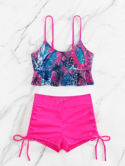 طقم تانكيني حريمي Swim Lushoire ملابس السباحة تصميم حريري مطبوع بألوان صيفية استوائية مع فيزون شفاف وخصر مربوط