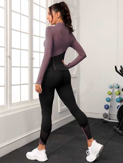 SHEIN Sport Studio مجموعة رياضية للنساء بتصميم لونين و سحاب قابل للفك