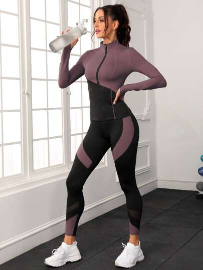 Easithlete مجموعة رياضية للنساء بتصميم لونين و سحاب قابل للفك