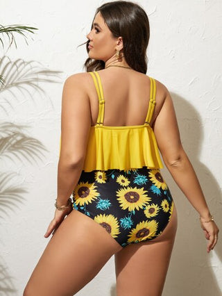 Swim Lushoire مقاس كبير طباعة عباد الشمس تانكيني سباحة طقم حافة منديل أنيق لباس علوي تانك & خصر عالي لباس قيعان 2قطع بدلة سباحة