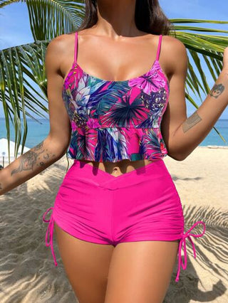 طقم تانكيني حريمي Swim Lushoire ملابس السباحة تصميم حريري مطبوع بألوان صيفية استوائية مع فيزون شفاف وخصر مربوط