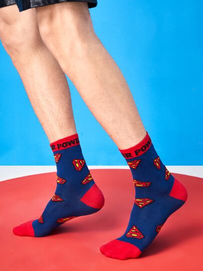 SUPERMAN X SHEIN جوارب رجالية بأحرف جرافيكية للحياة اليومية
