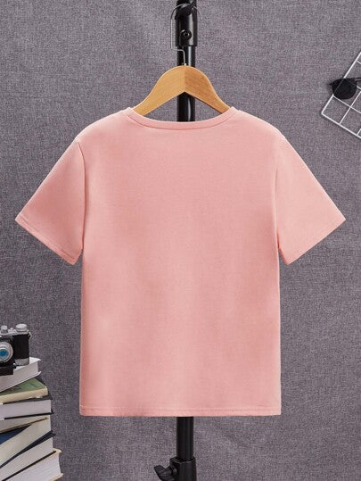 SHEIN تي شيرت تريكو بياقة مستديرة وأكمام قصيرة من تصميم فضائي وفضفاض مناسب للأطفال المراهقين