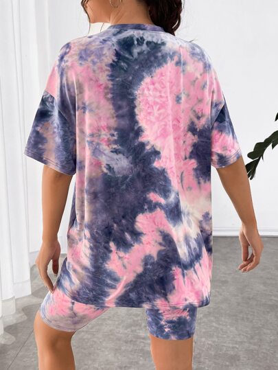 SHEIN EZwear صبغ متعادل تي شيرت منخفض الاكتاف و شورت ركوب الدراجات النارية
