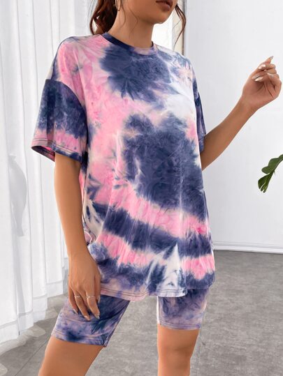 SHEIN EZwear صبغ متعادل تي شيرت منخفض الاكتاف و شورت ركوب الدراجات النارية