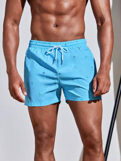 Manfinity Swimmode سروال سباحة بحبل ربط الخصر مطبوع عليه شجرة جوز الهند والمظلة العشوائية، أزياء هاواي