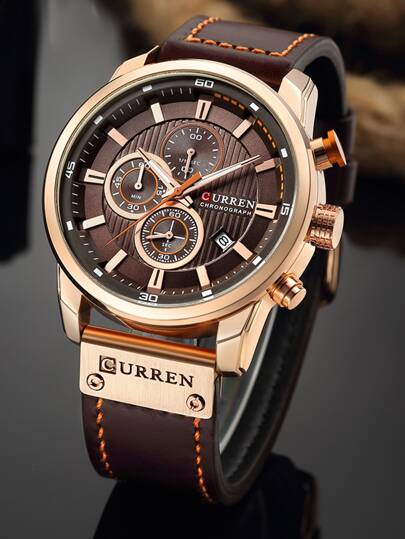 Curren 1قطعة ساعة كوارتز رقمية بعقارب التاريخ ذات إطار دائري بسير بولي يوريثان بني، كديكور يومي أو كهدية للطلاب في العودة إلى المدرسة