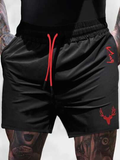 Manfinity Homme شورت جوجر بخصر رباط مطبوع عليه حرف قرن الغزال، هدية للزوج أو الحبيب