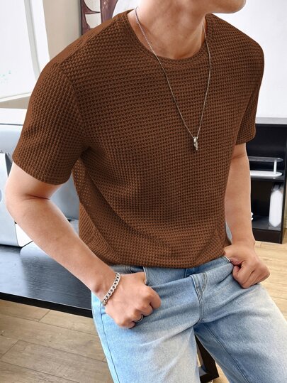 Manfinity BRENVOR تي شيرت رجالي بنسيج مربع الصيفي، أشياء للأزواج