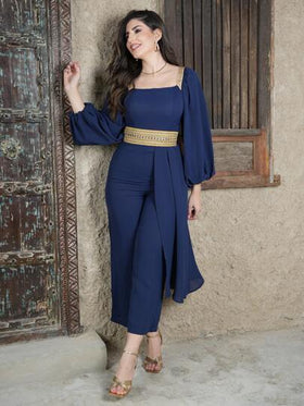 Modelyn جمبسوت ياقة مربع أكمام فانوس شريط خصر
