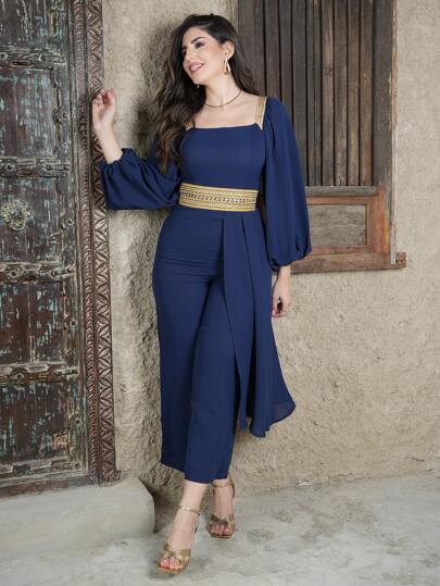 Modelyn جمبسوت ياقة مربع أكمام فانوس شريط خصر