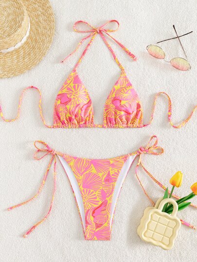 Swim Mod بكيني 2 قطعة مع ملابس علوية مثلث عاري الأكتاف وأسفل مربوط الجوانب بطبعة كاملة للشاطئ الصيفي