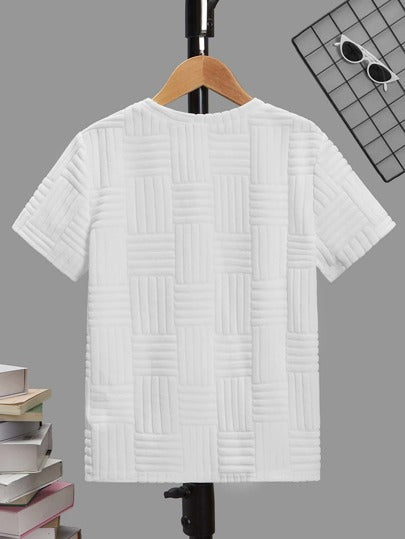 SHEIN تي شيرت قطني قصير الأكمام صيني ملائم للمراهقين الفتية بياقة طاقم وتصميم ألوان سادة