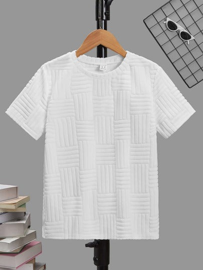 SHEIN تي شيرت قطني قصير الأكمام صيني ملائم للمراهقين الفتية بياقة طاقم وتصميم ألوان سادة