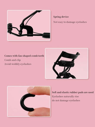 أداة تجعيد الرموش المحمولة مع وسادة من السيليكون، قطعة واحدة من أداة تجعيد الرموش المصنوعة من الفولاذ المقاوم للصدأ باللون الأسود مع مشط، لا تسبب ضررًا للرموش، تستخدم للتجعيد والتشكيل ورفع الرموش، مما يجعل العيون تبدو أكبر، مثالية لرموش النساء بكرة رمش