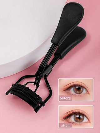 أداة تجعيد الرموش المحمولة مع وسادة من السيليكون، قطعة واحدة من أداة تجعيد الرموش المصنوعة من الفولاذ المقاوم للصدأ باللون الأسود مع مشط، لا تسبب ضررًا للرموش، تستخدم للتجعيد والتشكيل ورفع الرموش، مما يجعل العيون تبدو أكبر، مثالية لرموش النساء بكرة رمش