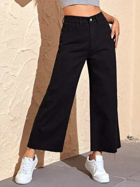 SHEIN EZwear بنطال جينز نسائي صيفي بحاشية خام سادة وواسع الساق