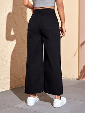 SHEIN EZwear بنطال جينز نسائي صيفي بحاشية خام سادة وواسع الساق