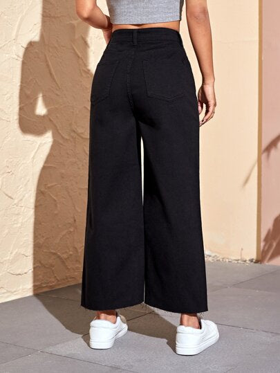 EZwear بنطال جينز نسائي صيفي بحاشية خام سادة وواسع الساق