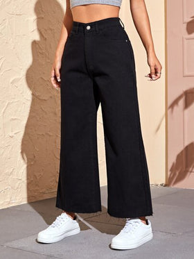 SHEIN EZwear بنطال جينز نسائي صيفي بحاشية خام سادة وواسع الساق