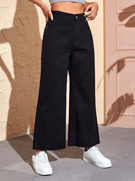 SHEIN EZwear بنطال جينز نسائي صيفي بحاشية خام سادة وواسع الساق