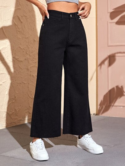 EZwear بنطال جينز نسائي صيفي بحاشية خام سادة وواسع الساق