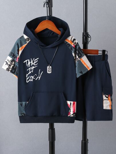SHEIN سويت شيرت للفتى بلا أكمام حروف جرافيك ،كم رجلان وشورت
