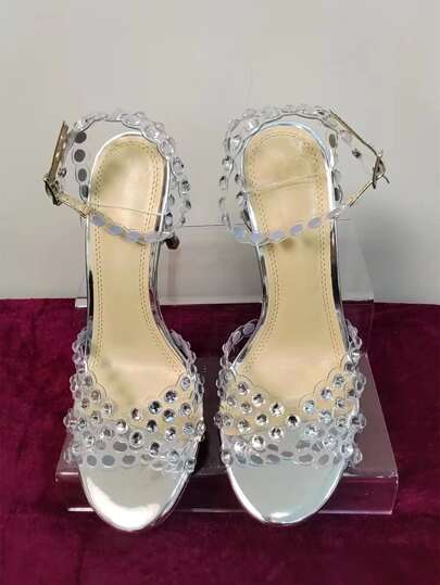 نساء بديكور حجر الراين خنجر الصنادل حزام الكاحل , حفلة براقة فضة موحدة اللون خارجي pvc بلاستيك كعب عالي صنادل