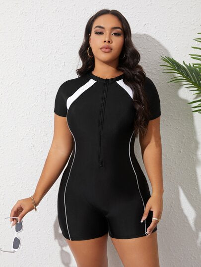Swim SPRTY ملابس سباحة قطعة واحدة ألوان متباينة سحاب امامي مقاس كبير