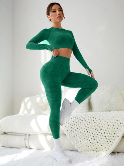 Yoga Trendy مجموعة رياضية للنساء بأكمام راجلان بدون تفاصيل، طقم تمرين للنساء مجموعة أسورات